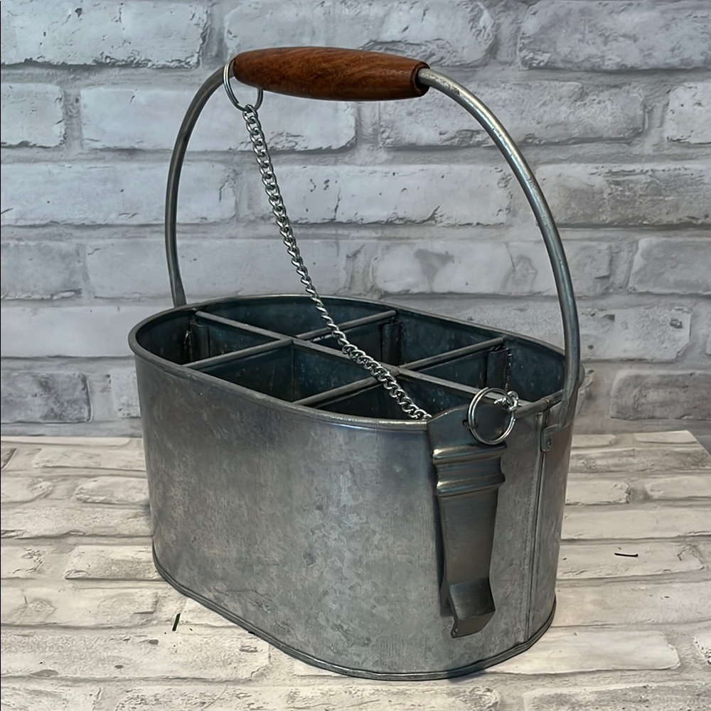 Pottery Barn Silver Metal 6 pack beer Caddy with Handle and bottle opener